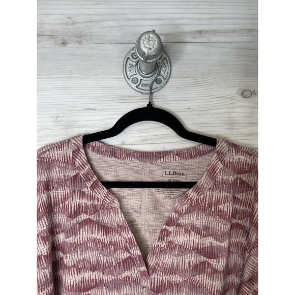 L.L.Bean Shirt Womens XL Burgundy Red Split Neck Short Sleeve Stretch Ikat Knit - Picture 2 of 8